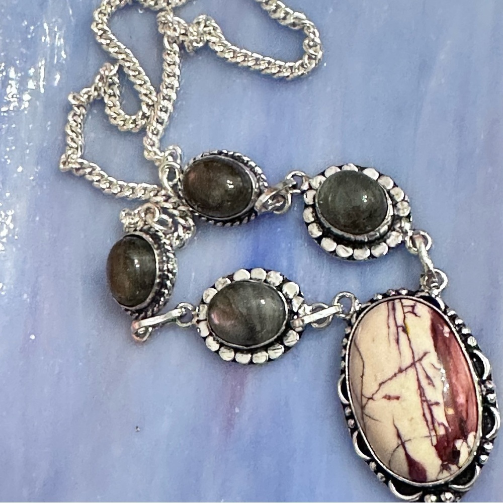 Handcrafted Artisan Jewelry MOOKAITE  AND LABRADORITE Accents Drop Necklace